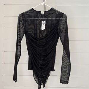 Abercrombie & Fitch Black Sheer Long-Sleeve Draped Bodysuit